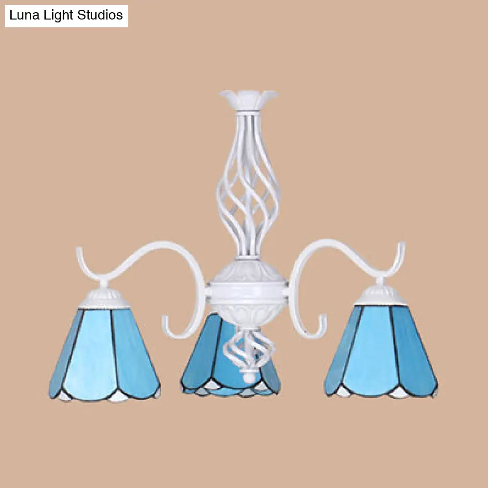 Conical Chandelier With Metal Chain & 3 Lights - Tiffany Stained Glass Foyer Lighting (White/Blue)