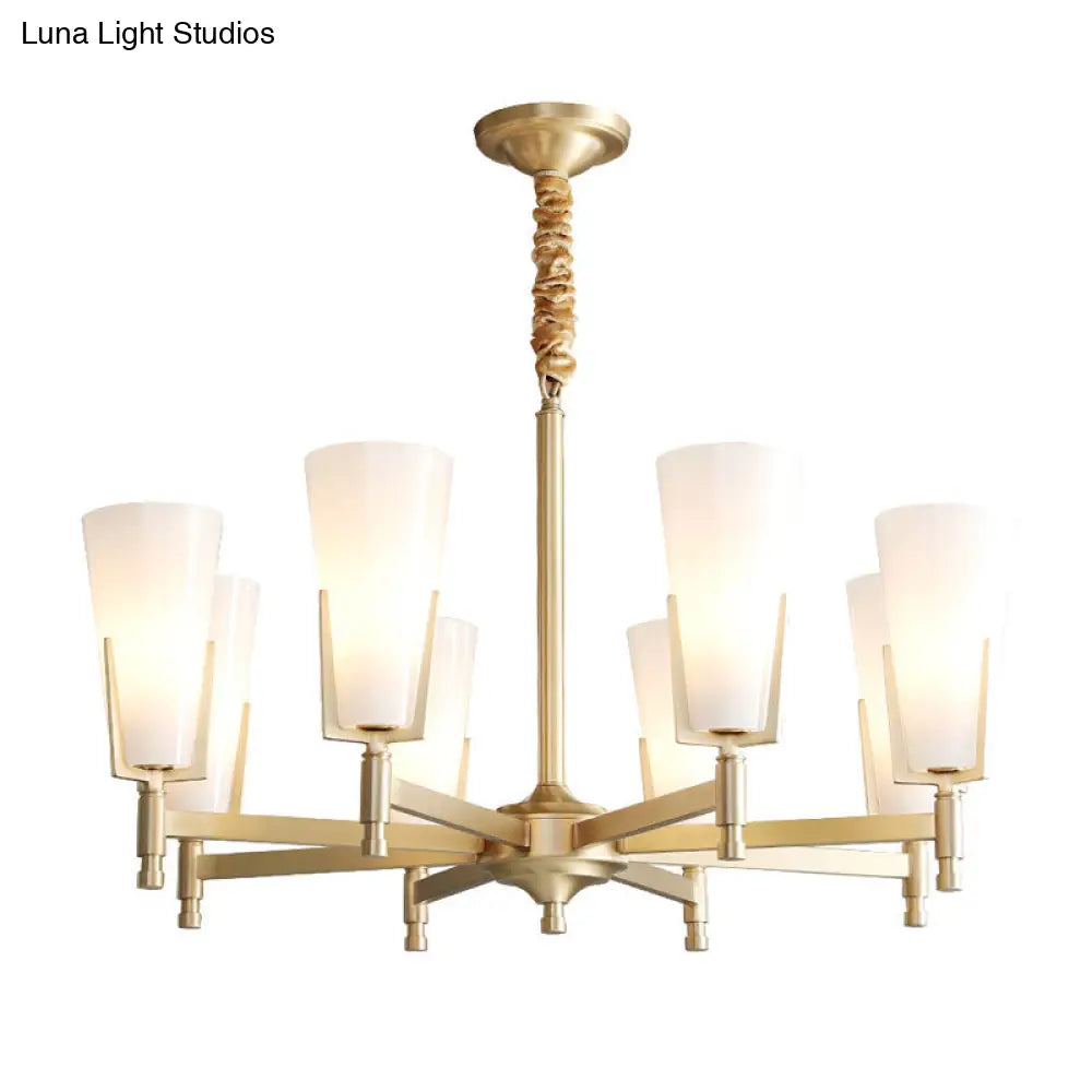 Conical Chandelier With White Opal Glass Pendant - 6/8 Heads Colonial Style Living Room Lighting