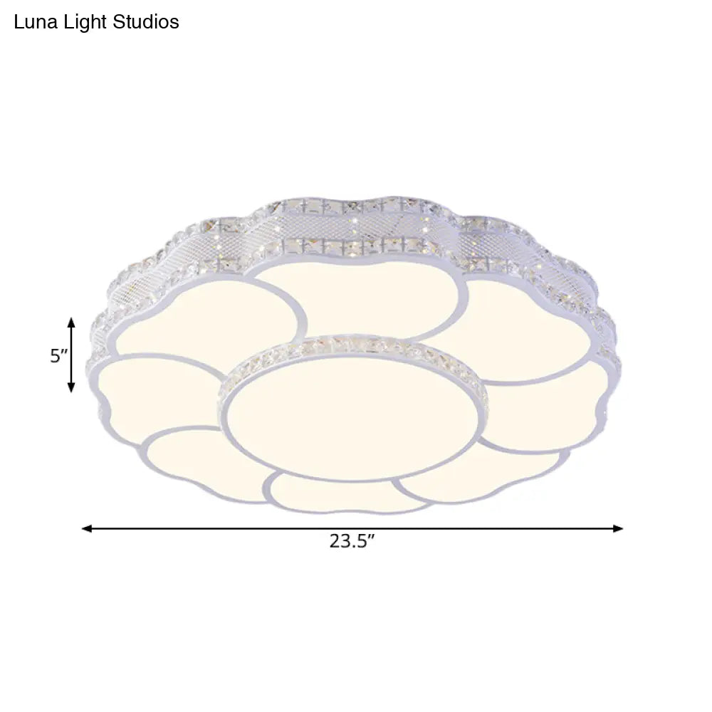 Contemporary Blossom Led Flush Light With Faceted Crystals - 23.5’/19.5’ Wide White
