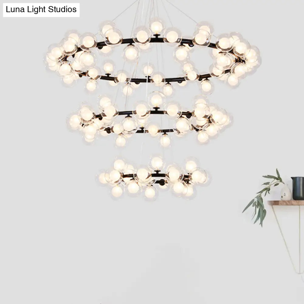 Contemporary Clear Glass Bubble Chandelier Light - Black Finish 2/3 Tiers Metal Ring Hanging Lamp