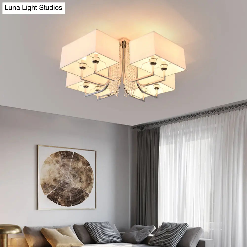 Contemporary Crystal Drop Ceiling Light Fixture With White Cubic Fabric Shade 23.5’/31.5’ Wide