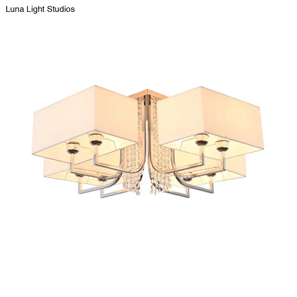 Contemporary Crystal Drop Ceiling Light Fixture With White Cubic Fabric Shade 23.5’/31.5’ Wide