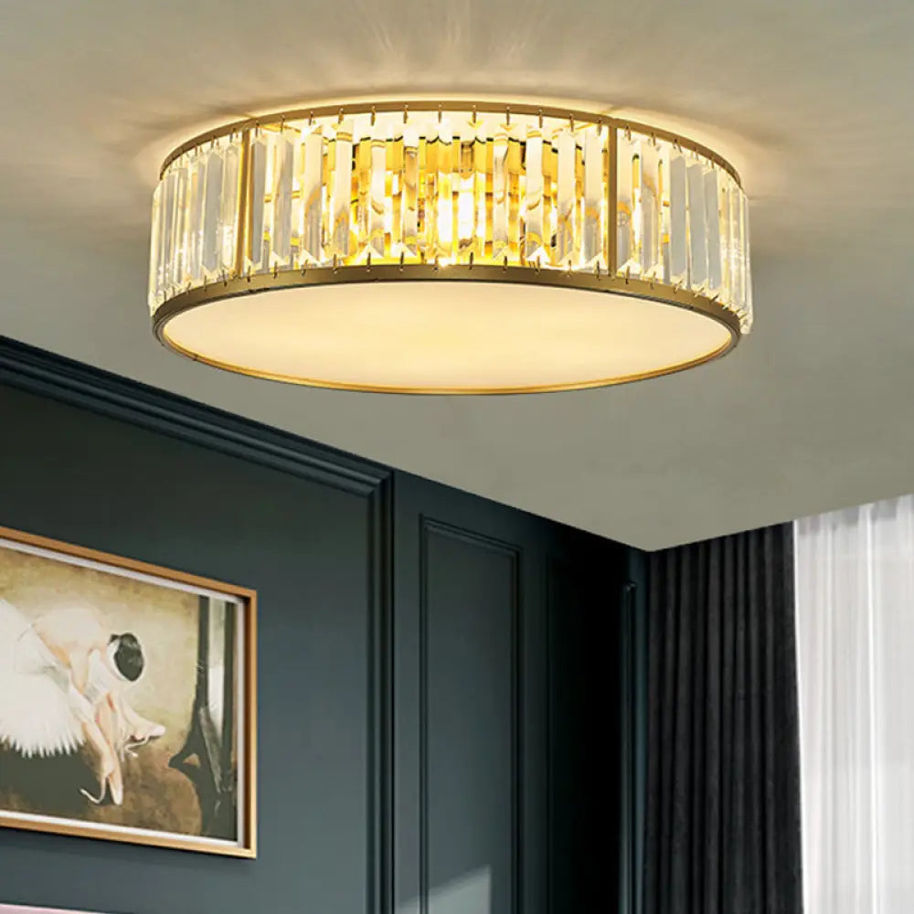 Contemporary Crystal Drum Flush Mount Ceiling Light Gold Finish 3/4/5 Lights Sizes
