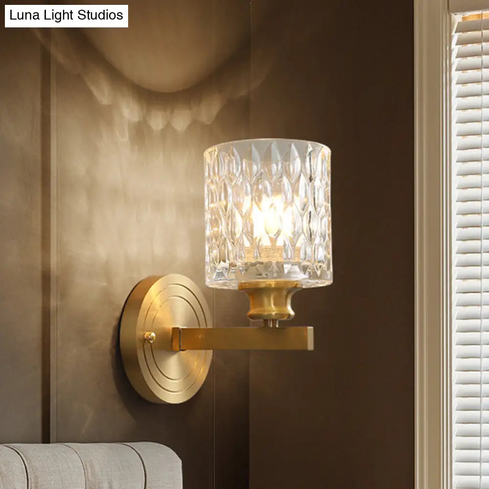 Contemporary Cylindrical Wall Light: Stylish Clear Dimpled Glass Design Golden Sconce For Bedroom