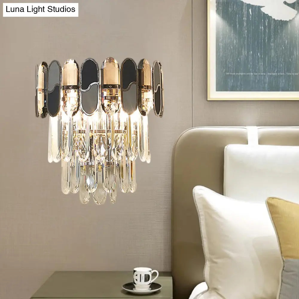 Contemporary Flush Wall Sconce With Clear Crystal Lamp And Black & Taupe Ornaments