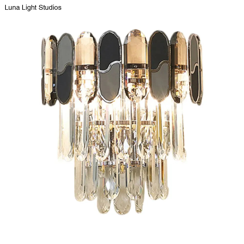 Contemporary Flush Wall Sconce With Clear Crystal Lamp And Black & Taupe Ornaments