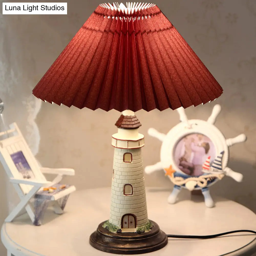 Contemporary Foldable Conical Table Lamp For Childrens Room - 1-Light Blue/Red Fabric Shade With
