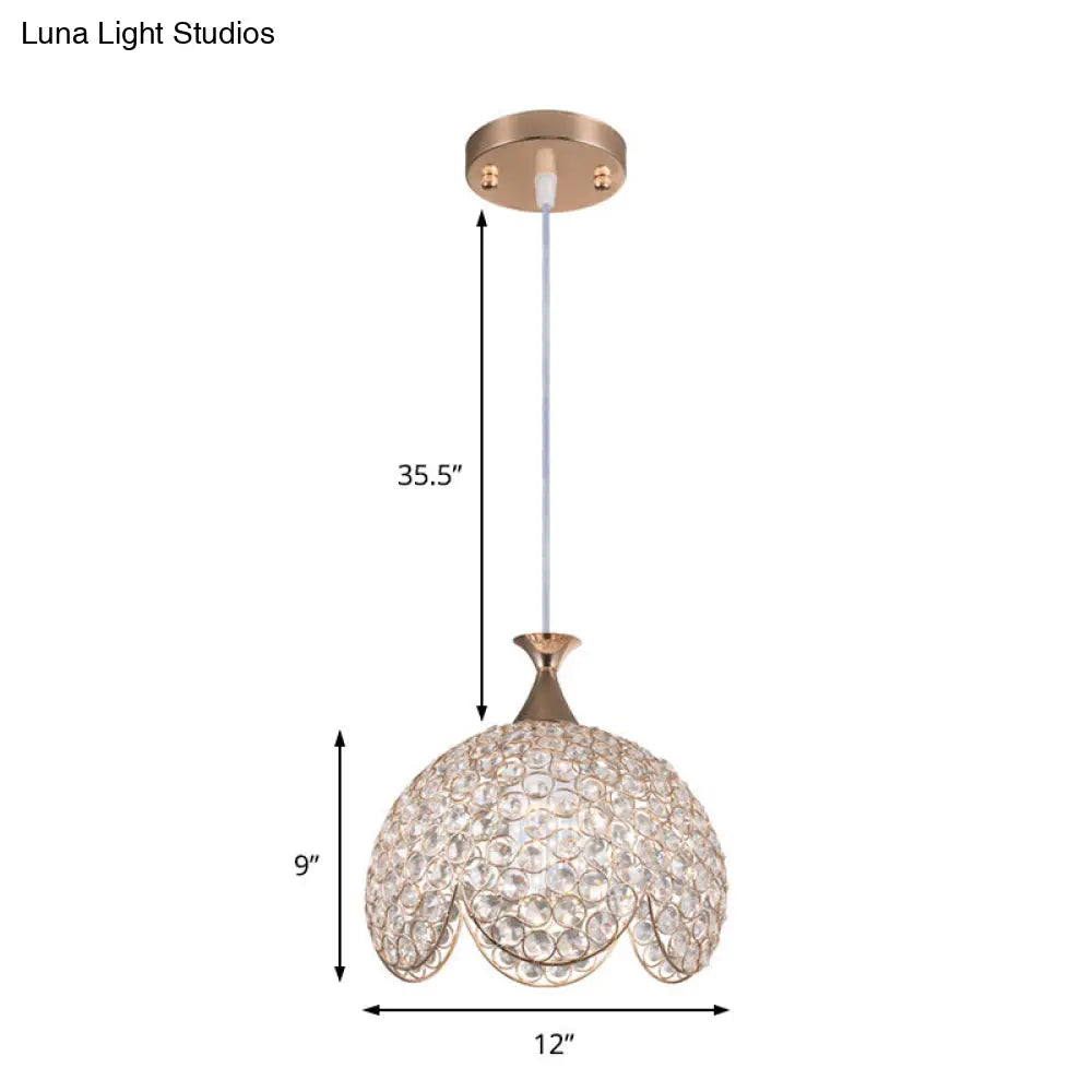 Contemporary Gold Ruffled Edge Crystal Pendant Lamp - 1 Light Dome Suspension Clear Various Sizes