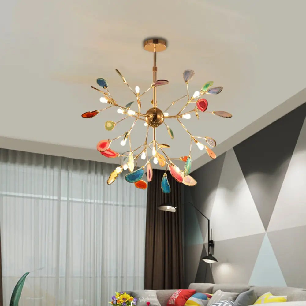Contemporary Led Agate Suspension Pendant Light For Dining Room - Gold Leaf Chandelier Lighting 20