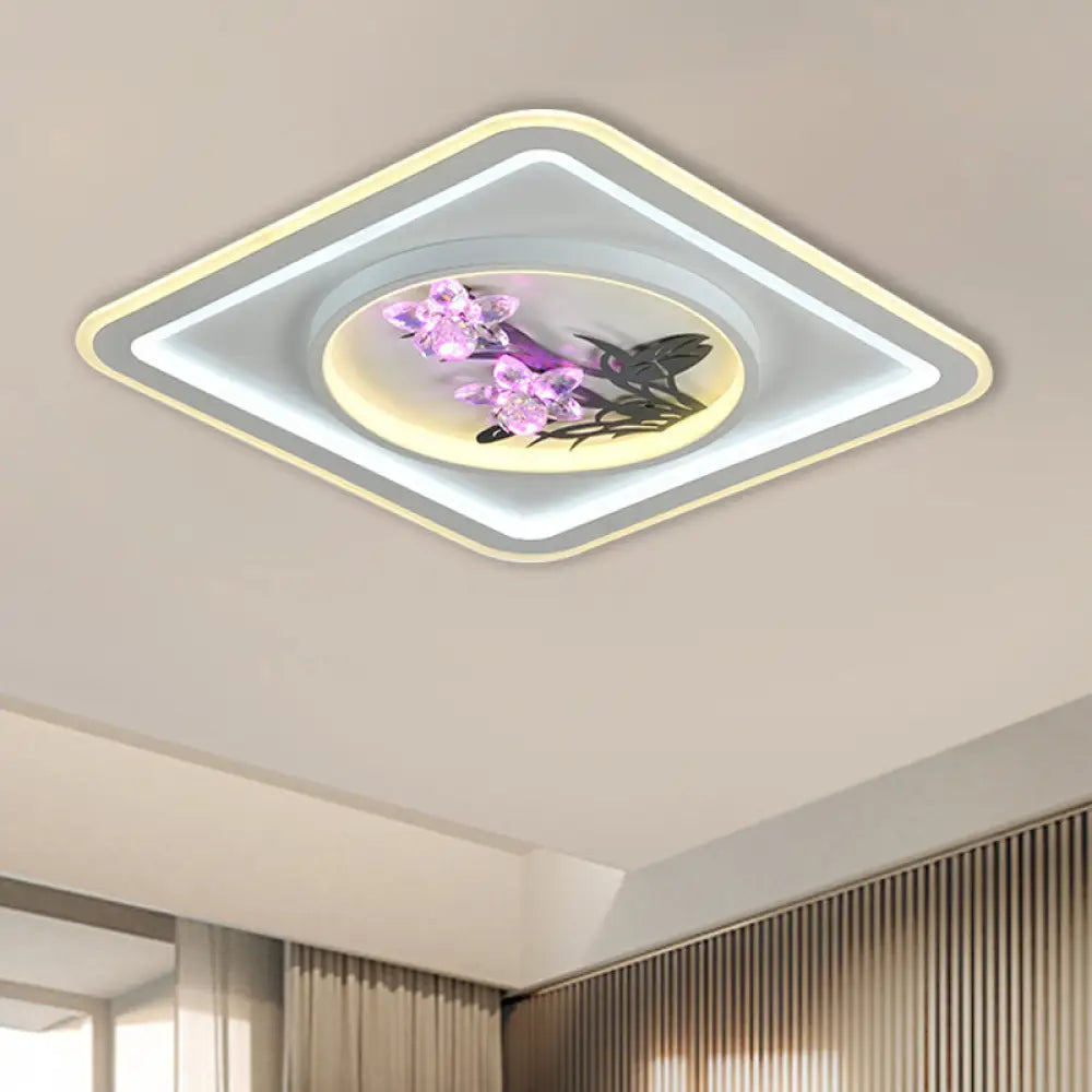 Contemporary Led Metal Ceiling Fixture: White Round/Square Flush Mount Lamp With Crystal Flower