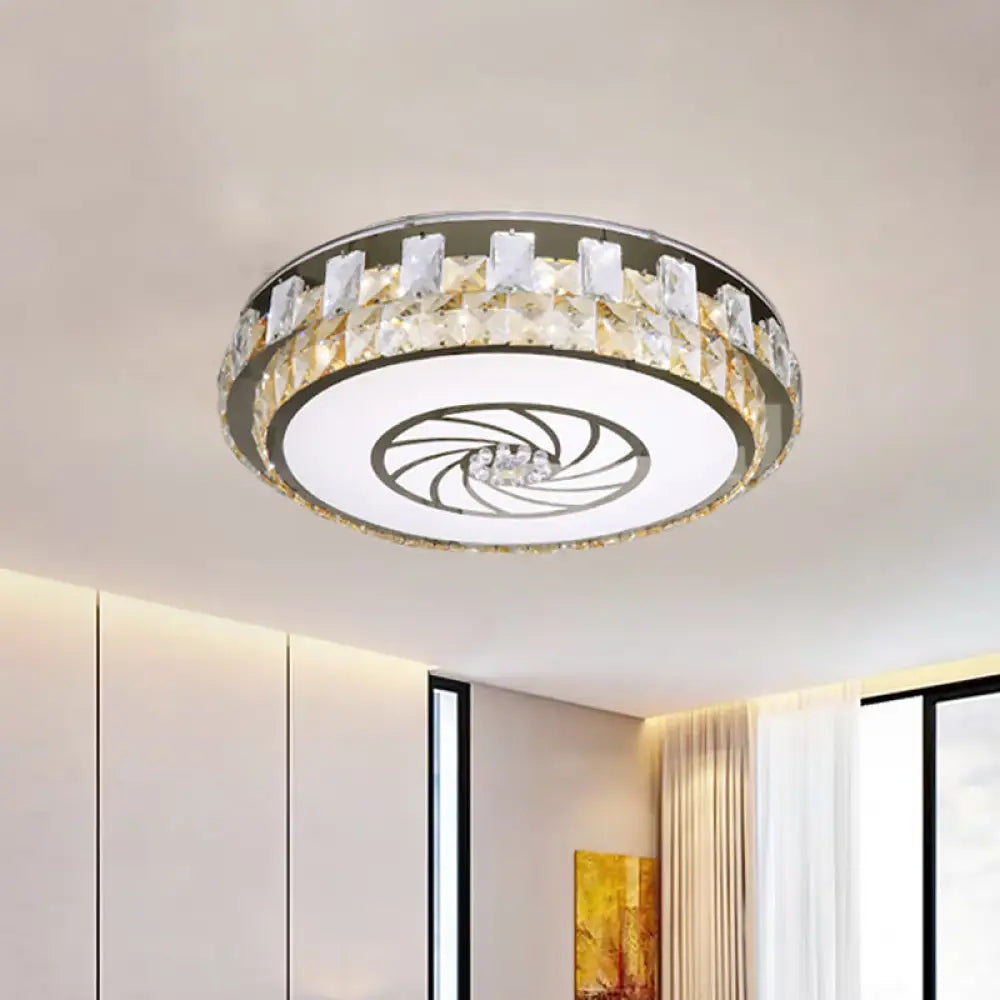 Contemporary Nickel Led Ceiling Mount With Clear Beveled Crystal Blocks & Windmill Pattern - Flush