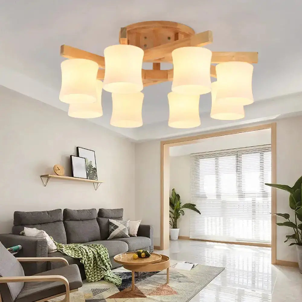 Contemporary Opal Glass Ceiling Flush Mount With Beige Semi Light Wood / Large