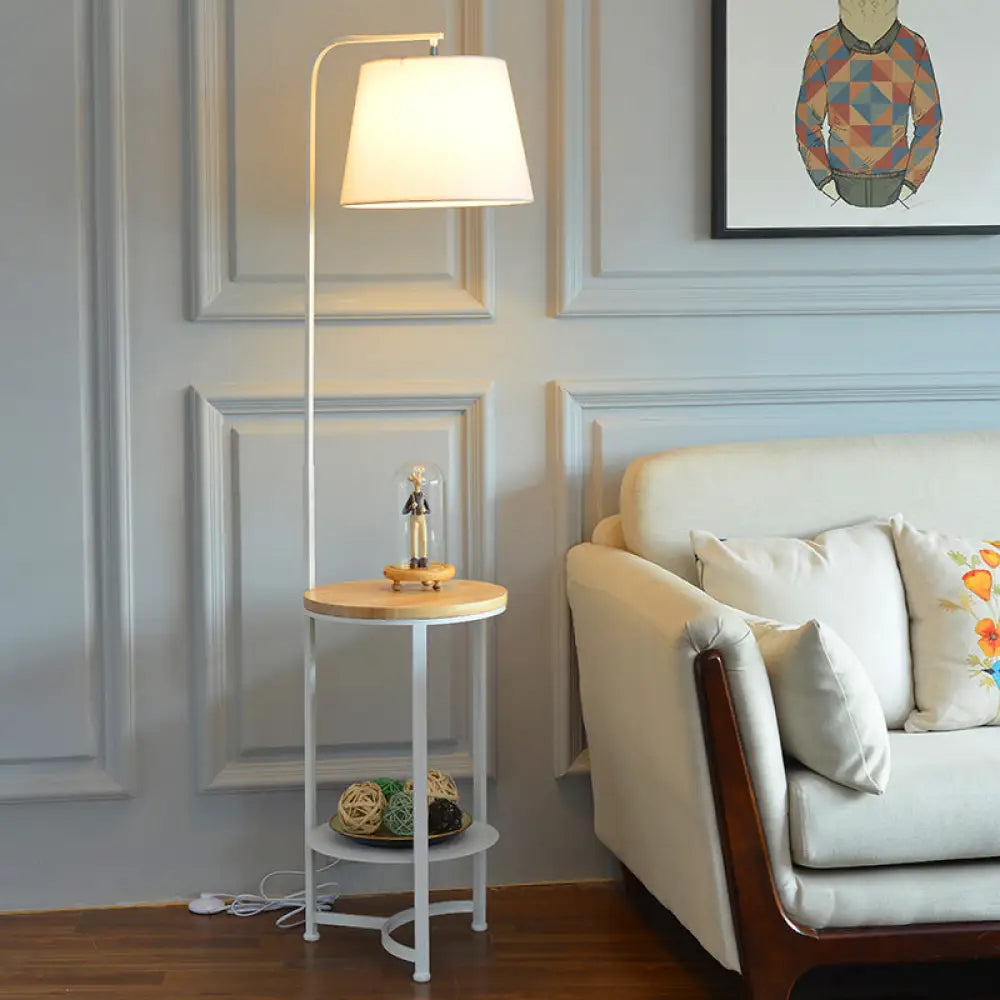 Contemporary Round Fabric Floor Lamp With 2-Tier Shelf - Single-Bulb White Standing Lighting