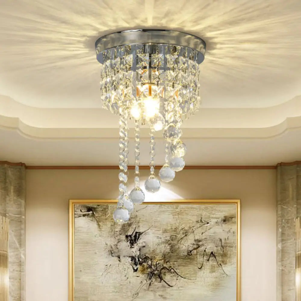 Contemporary Silver Round Crystal Flush Mount Ceiling Light - 1 - Light For Living Room