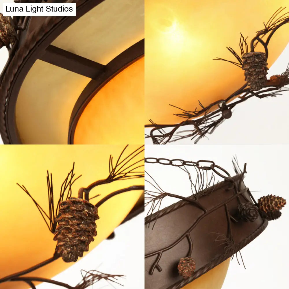 Country Bowl Frosted Glass Hanging Chandelier In Red Brown With Pinecone Accents - 4-Light Ceiling