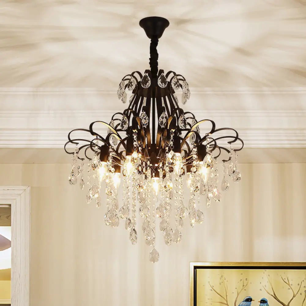 Country Crystal Pendant Chandelier For Dining Room Lighting 7 / Black