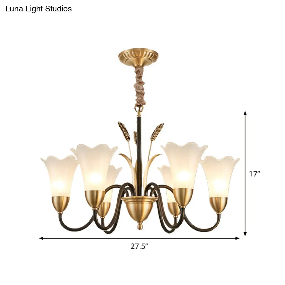 Country Style Mini Flower Pendulum Chandelier With Frosted Glass And Scroll Arm In Black/Gold - 6/8
