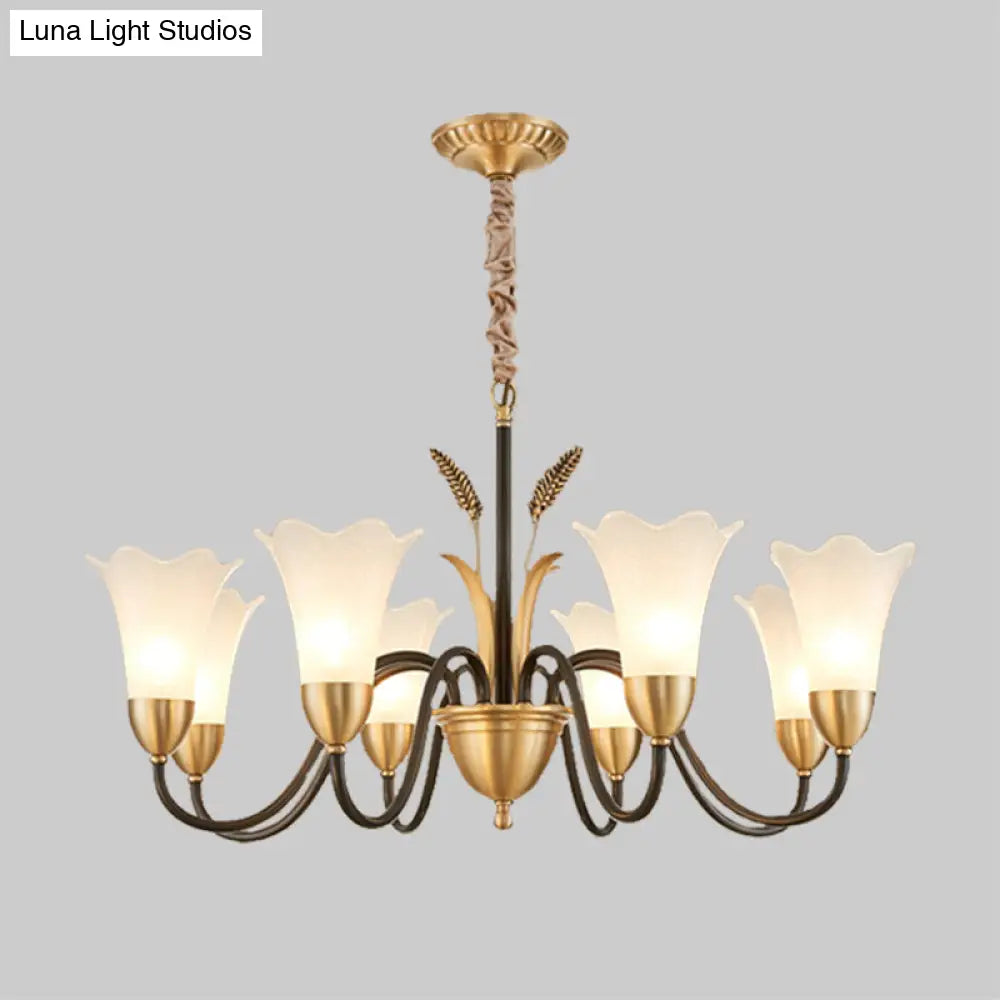 Country Style Mini Flower Pendulum Chandelier With Frosted Glass And Scroll Arm In Black/Gold - 6/8