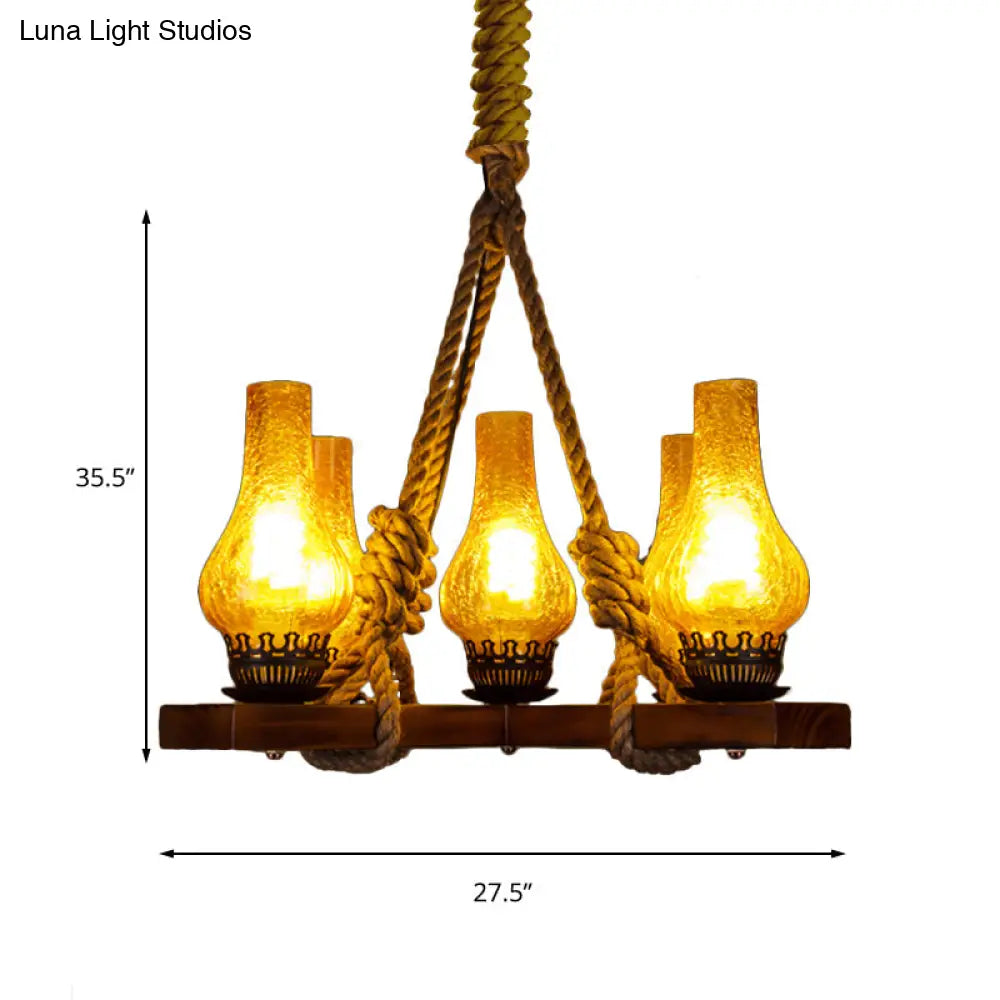 Country Stylish 5-Light Pendant Lamp With Yellow Cracked Glass Teardrop Shades And Rope Detailing