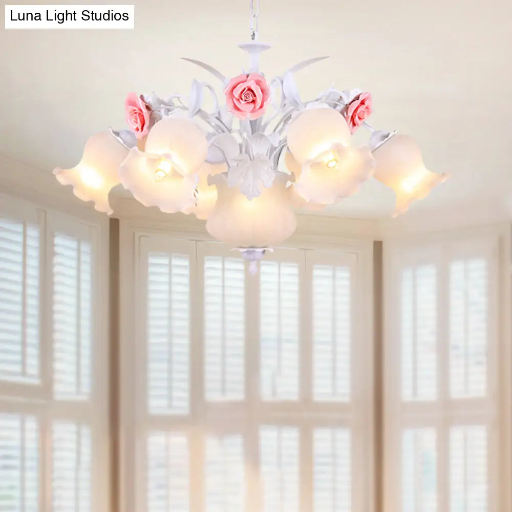 Countryside Blossom Chandelier - 8 Head White Glass Pendant Ceiling Light For Dining Room
