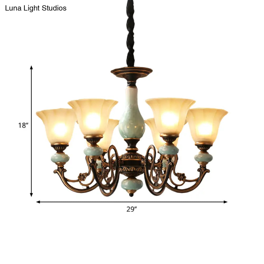 Curvy Armed Pendant Chandelier - Rural Style Black-Gold Metallic Ceiling Light With Blossom Shade