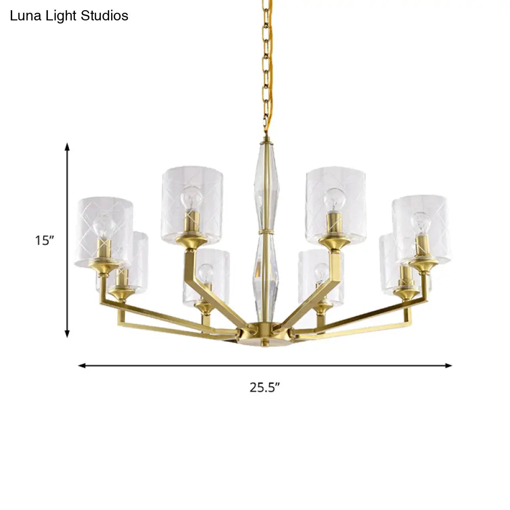 Cylinder Ceiling Chandelier - Clear Glass Traditional Style 6/8 Light Brass Fixture Ideal For Living