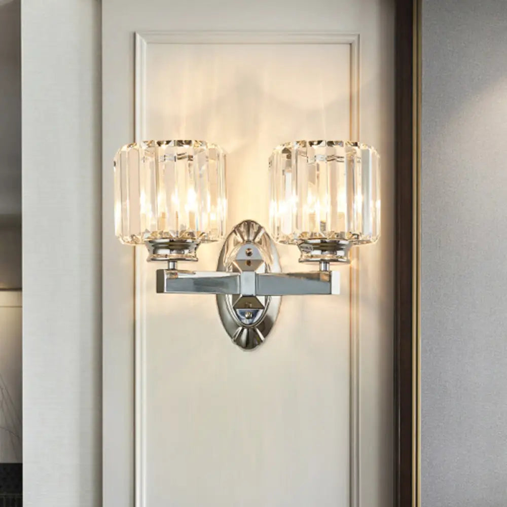 Cylindrical Crystal Wall Sconce With Vintage Chrome Finish - Set Of 2 Bulbs