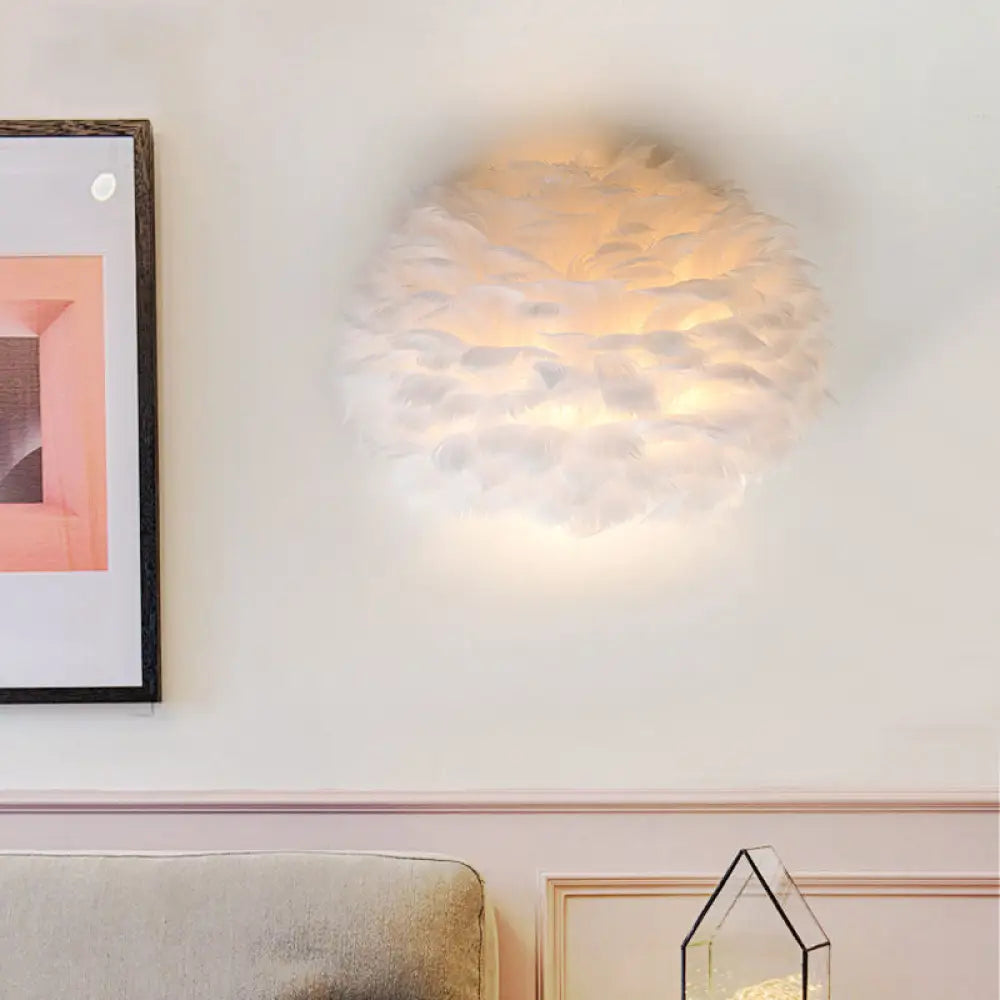 Designer Half Globe Wall Sconce With Feather Accent White/Grey Finish White