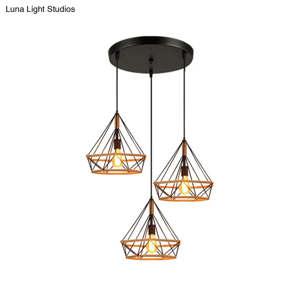 Diamond Cage Pendant Lamp - Industrial Stylish 3 Lights Metal And Rope Black