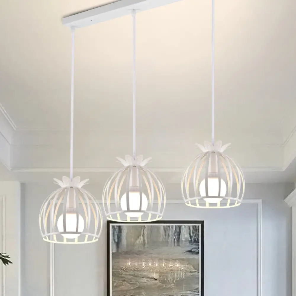 Dome Cage Pendant Light With 3 Heads In Metallic Loft Style For Dining Room - Black/White White