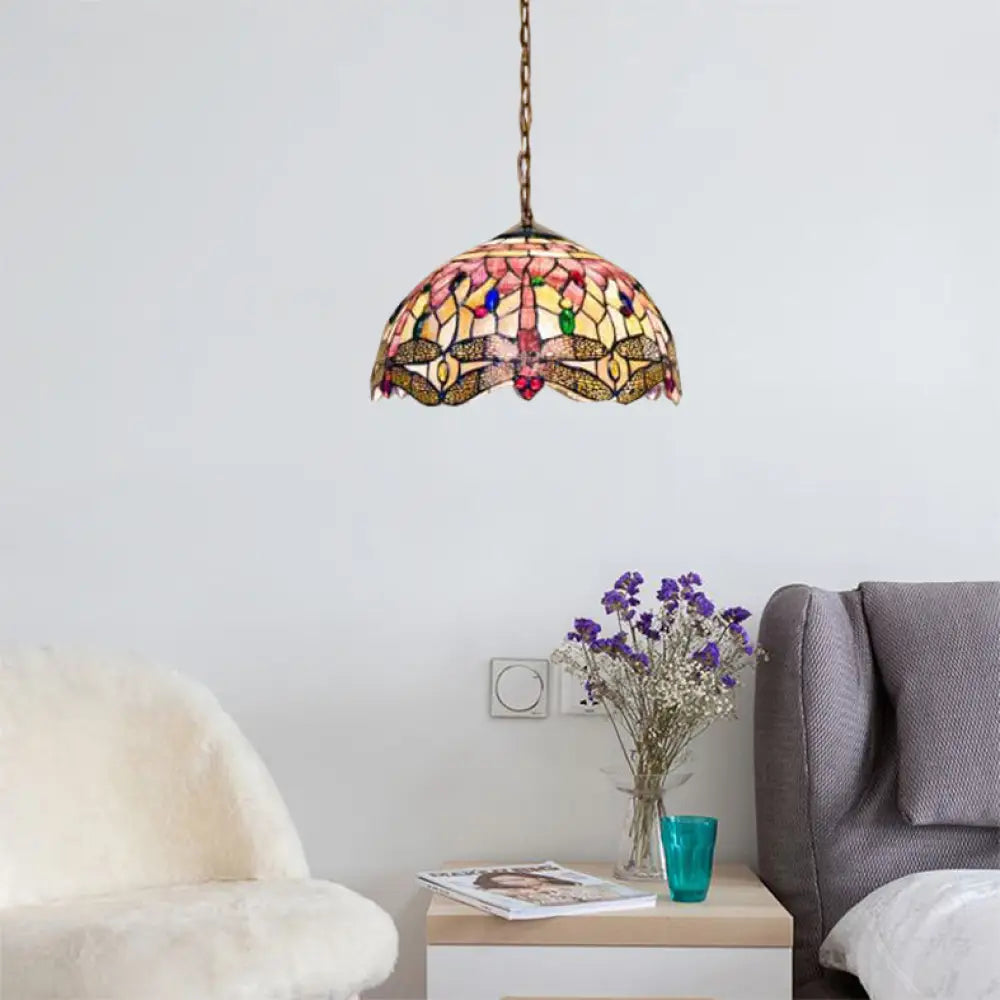Dome Ceiling Lamp: Tiffany Shell Pink Dragonfly Pattern 3-Bulb Pendant Light - 12’/16’ Wide / 16’