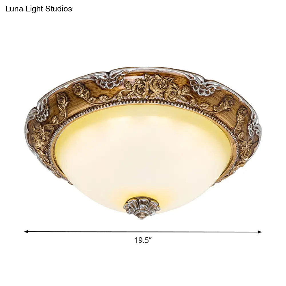 Dome Tan Glass Shade Flush Ceiling Light Fixture Led Bedroom Lamp In Brown - Traditional Style