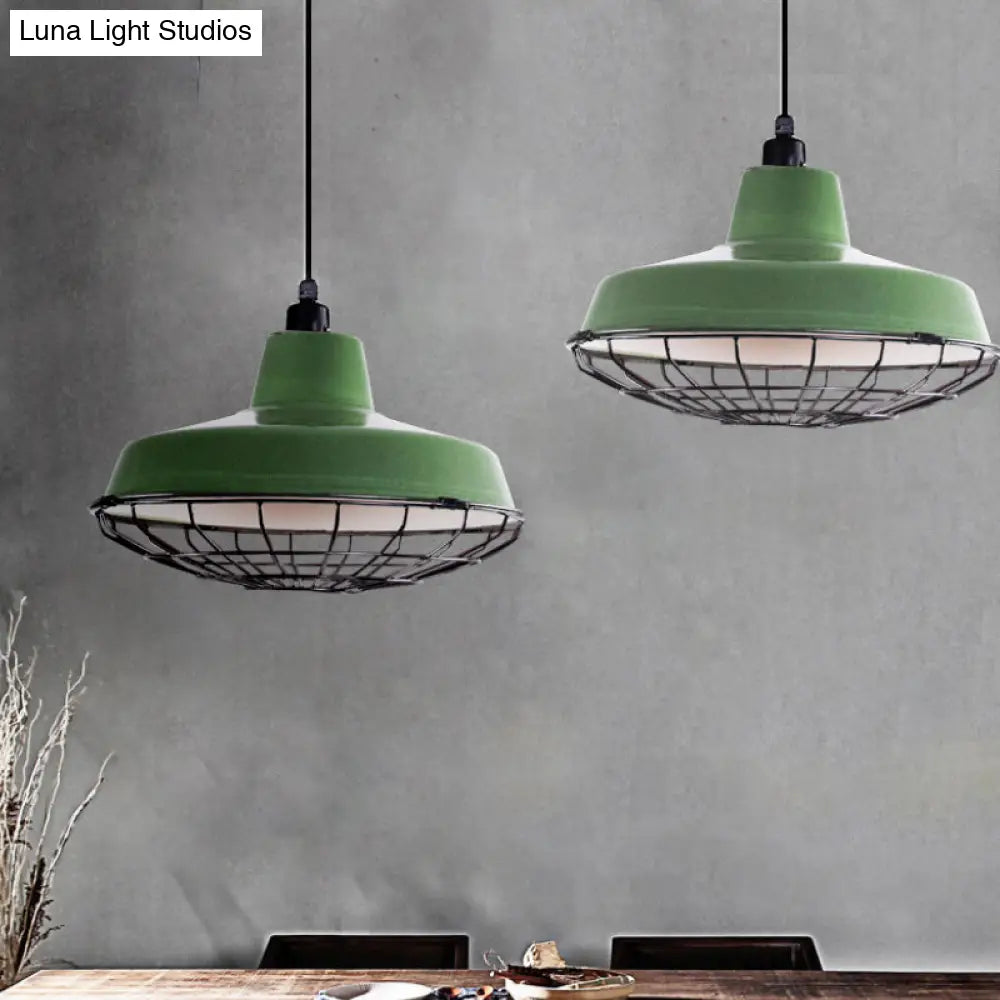 Farmhouse Metal Barn Hanging Ceiling Light - Green/Red Pendant With Wire Guard