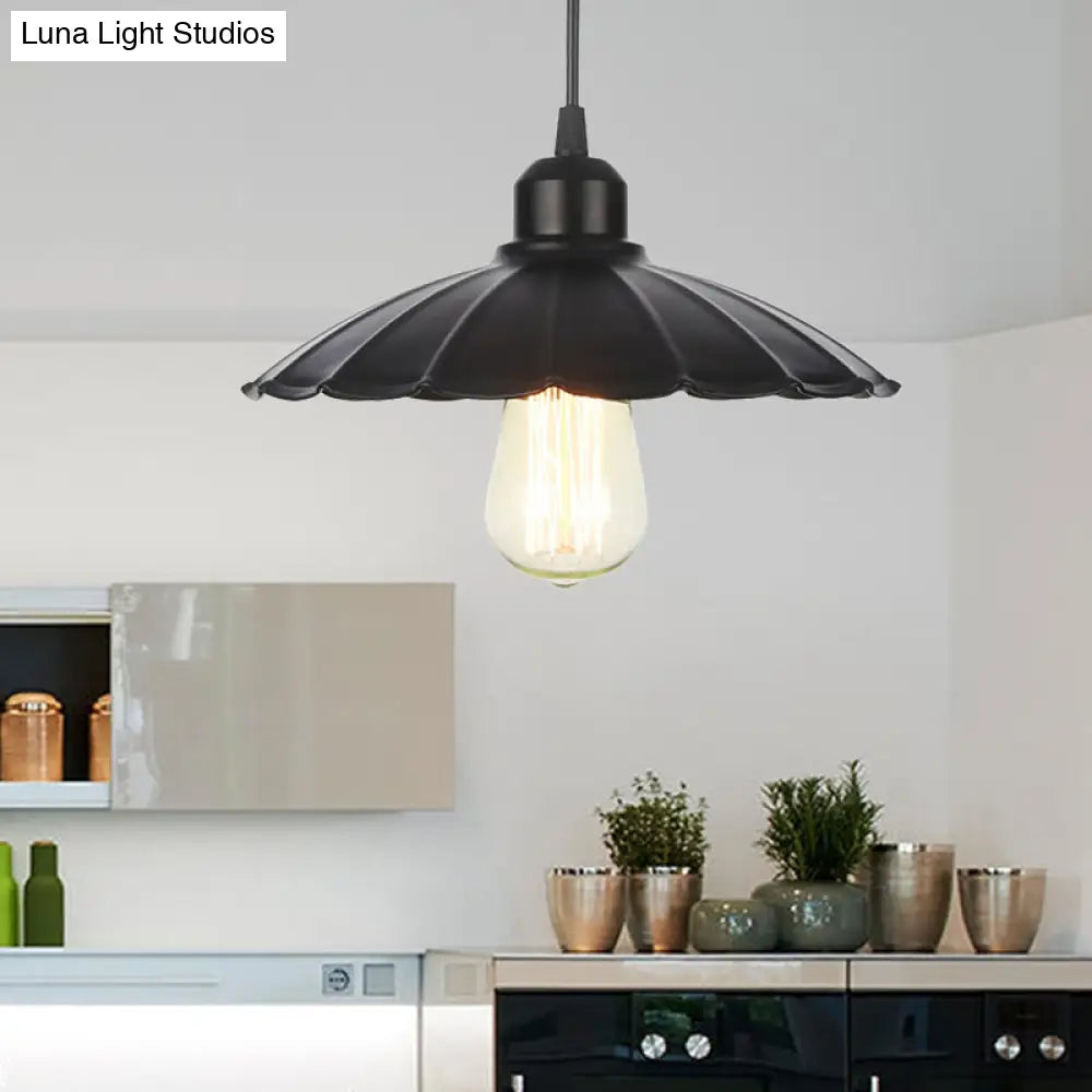 Farmhouse Pendant Light Fixture With Metal Shade - 1 Indoor Hanging In Black/White