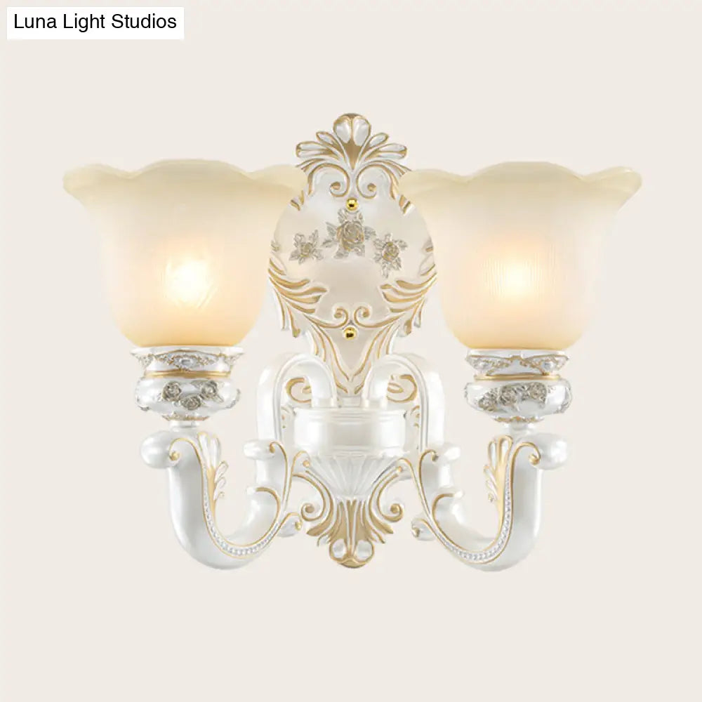 Floral Cream Glass Wall Sconce - White Cottage Light Single/Double Head Elegant Swooping Arm