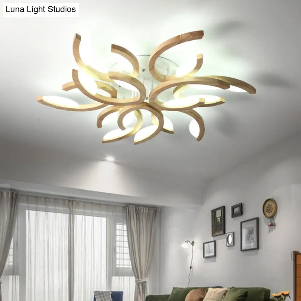 Floral Led Ceiling Lamp - Modern Wood Semi Flush Mount Light For Living Room