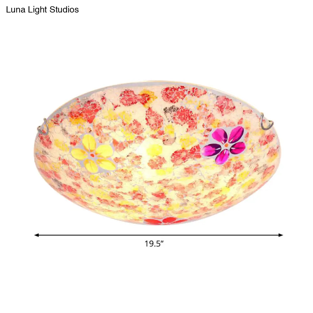 Floral Tiffany Red Stained Glass Flush Mount Lighting - 2/3 Lights 12’/16’/19.5’ Wide