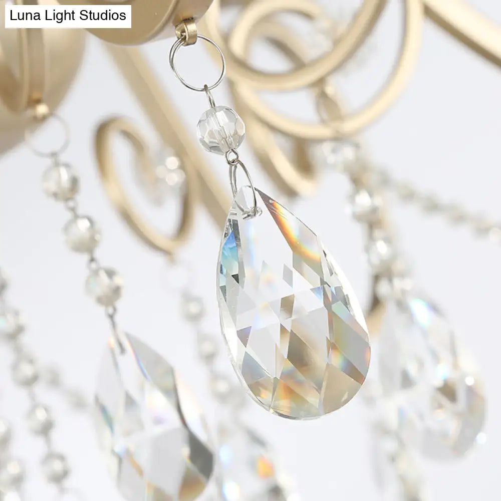 French Country Candle Chandelier Metal Pendant Light With Crystal Bead Accents In Gold 3/6/8 Lights