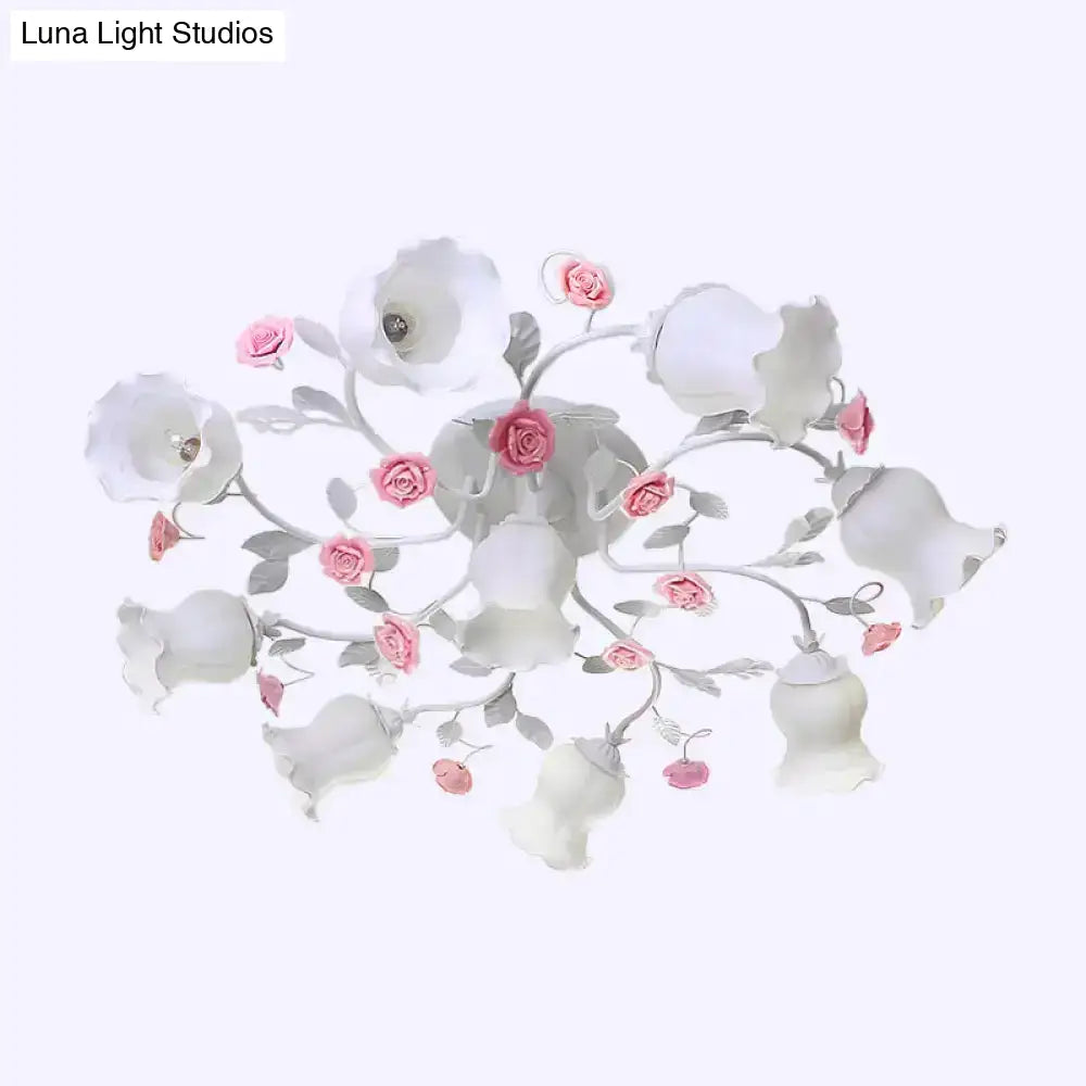 Frosted Cream Glass Ruffle Ceiling Light - 9 Lights Semi Flush Mounted Lamp For Bedrooms Pink/Green