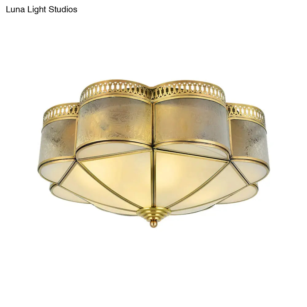 Frosted Glass And Brass Colonial Style Flush Mount Ceiling Lamp With Curved Design - Ideal For