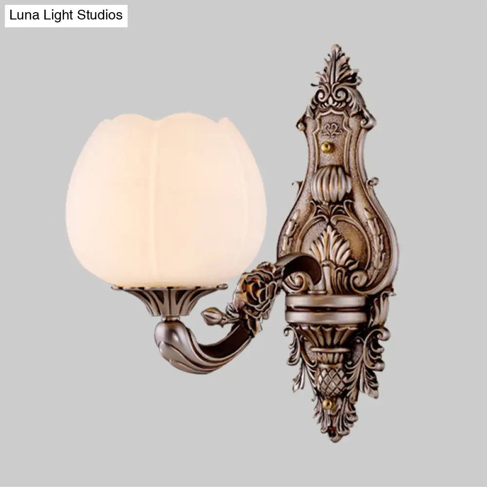 Frosted Glass Bloom Wall Light Vintage Sconce For Living Room With Curved Arm In Coffee