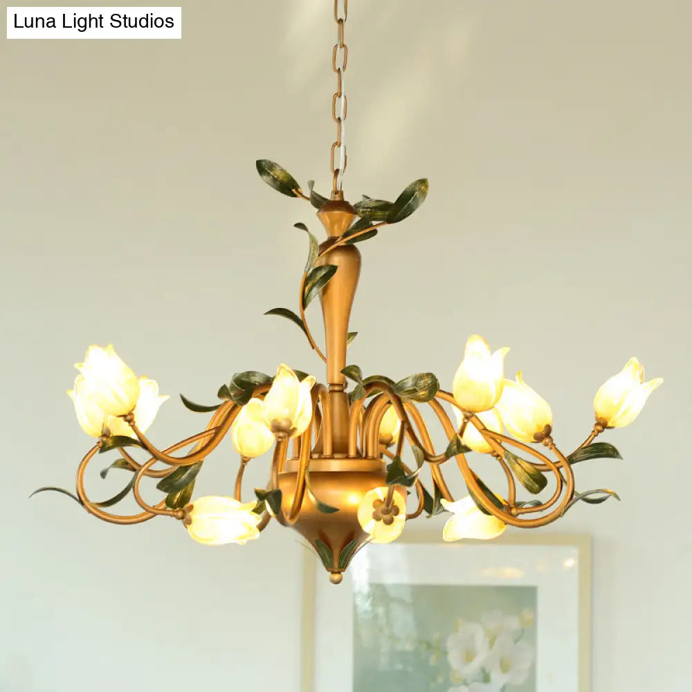 Frosted Glass Brass Chandelier - Floral 15-Light Pendant For Bedroom