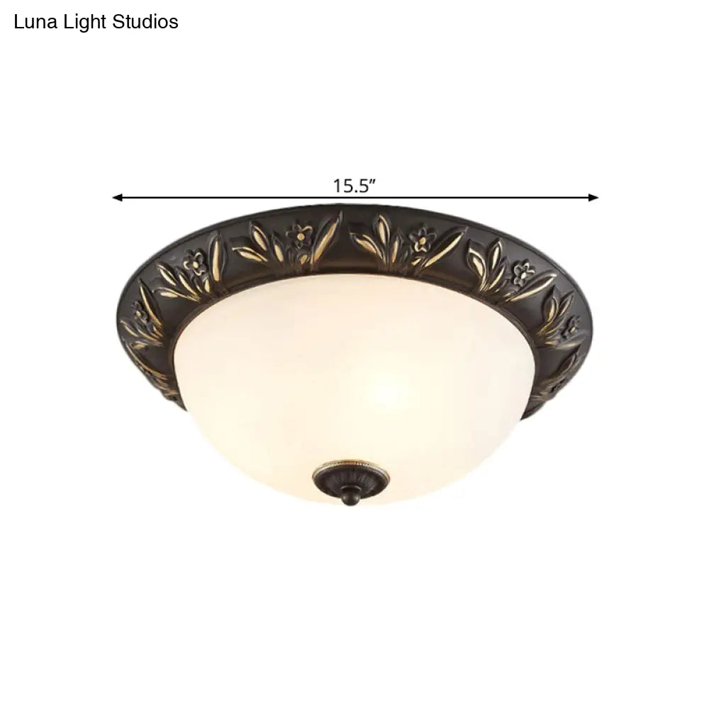Frosted Glass Dome Flush Ceiling Lamp With Flower Edge Design In Brass/Black And Gold - Available