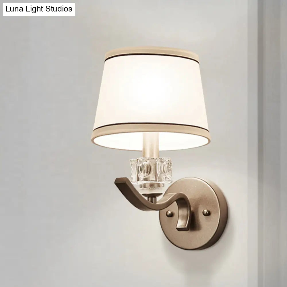 Frustum Shaped White Fabric Wall Lamp With Crystal Ornament Minimalist 1-Bulb Light Kit
