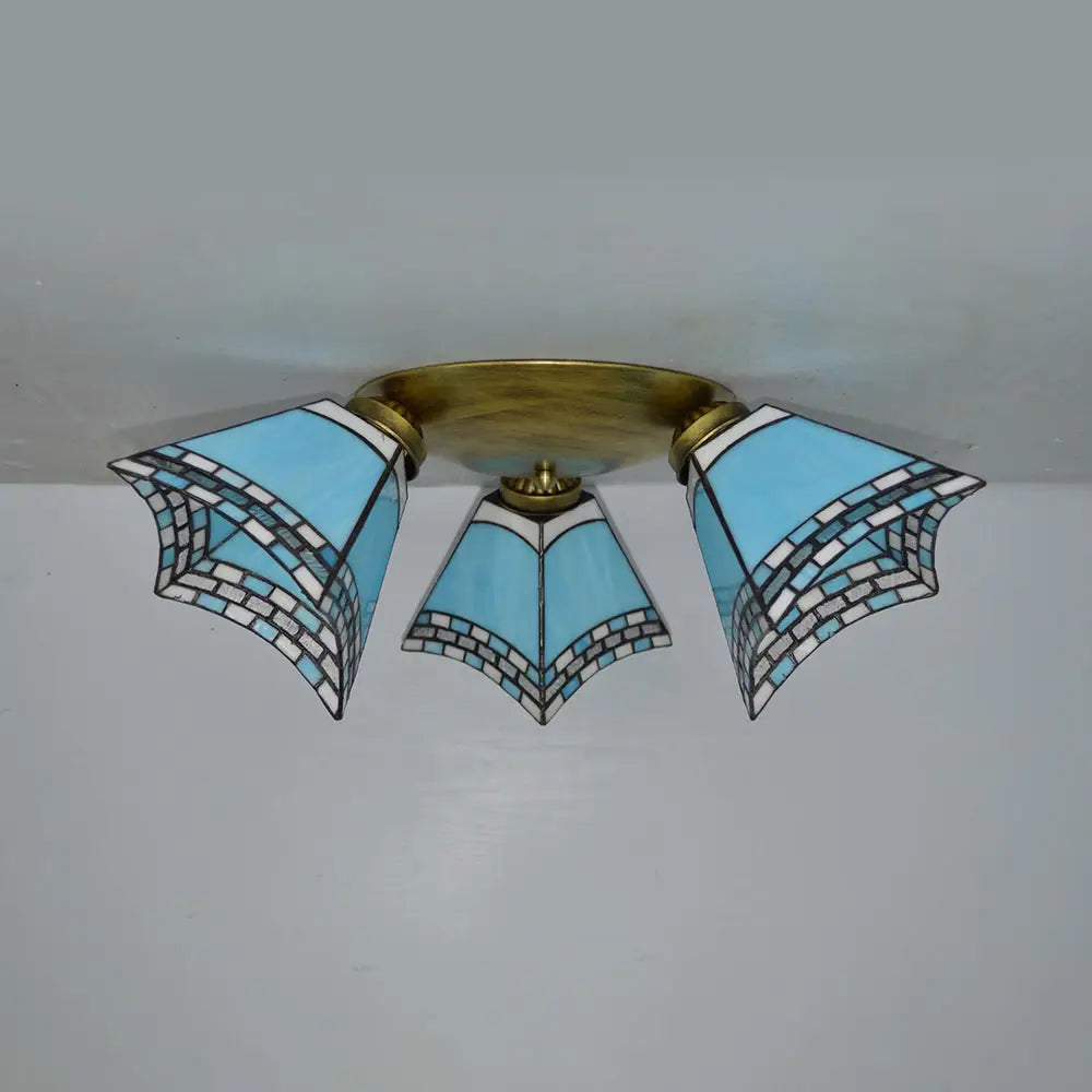 Geometric Stained Glass Flushmount Light - Vintage Style 3 Colors Perfect For Bedrooms Sky Blue