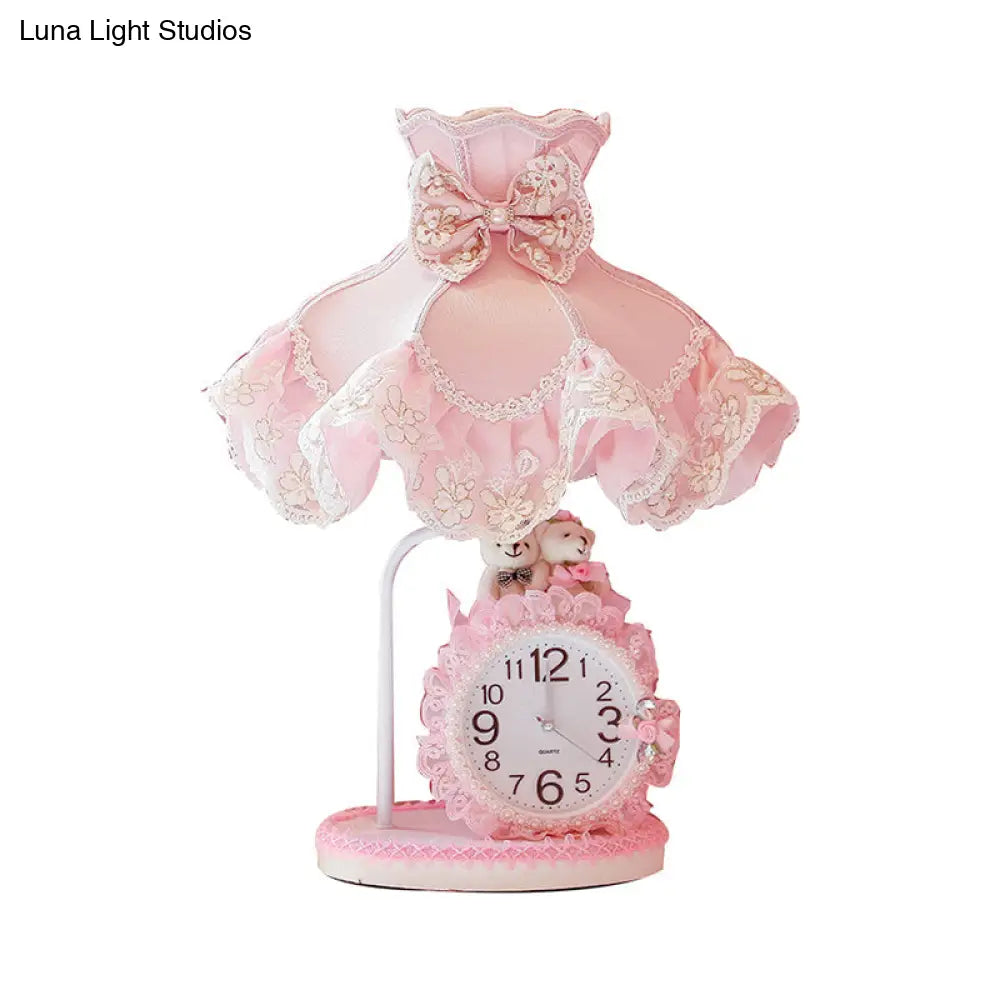 Girls Pink Scalloped Night Light With Clock Design Fabric Nightstand Lamp