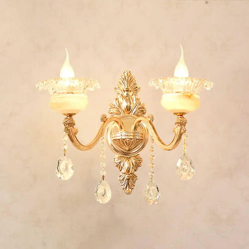 Gold Carved Arm Wall Sconce Light - Traditional Metal Bedroom With White Lampshade 2 / I