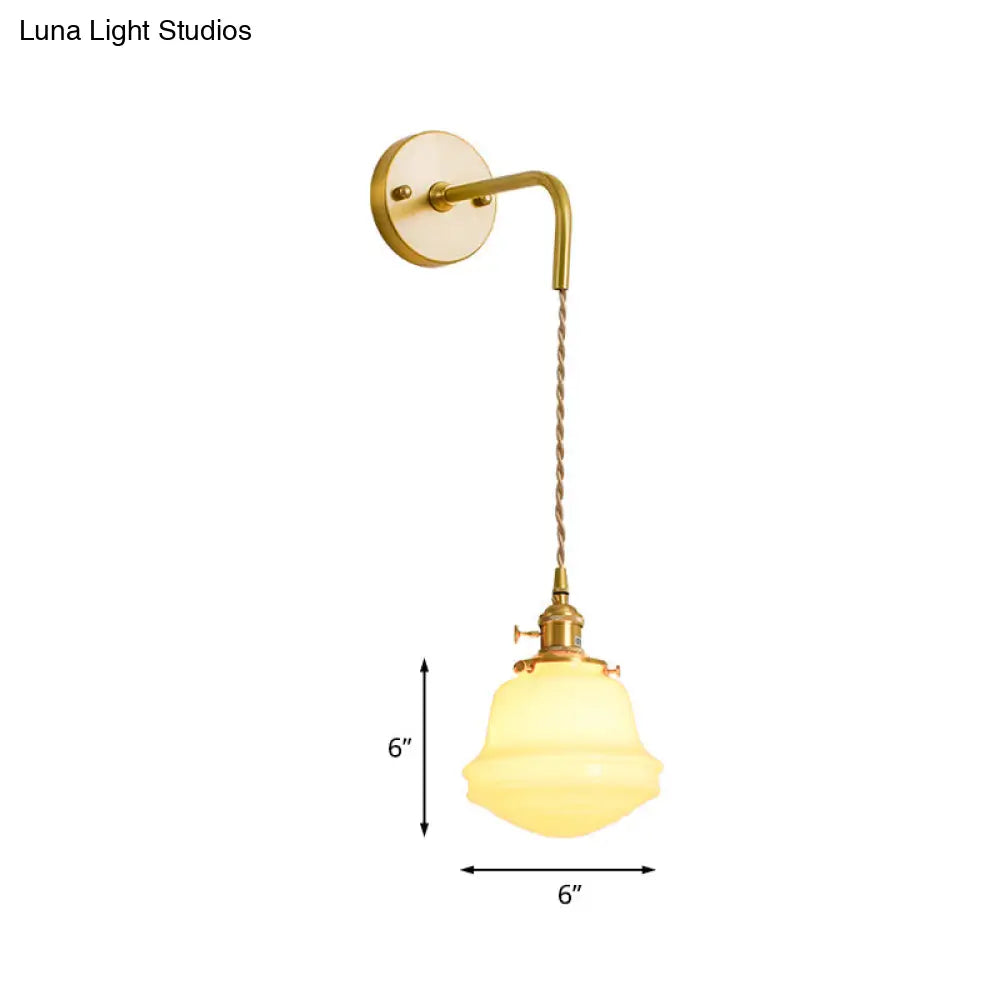 Gold Colonial Bell Sconce Lighting - Milky Glass Bedroom Wall Mounted Light Cord/Straight Arm 1 Bulb