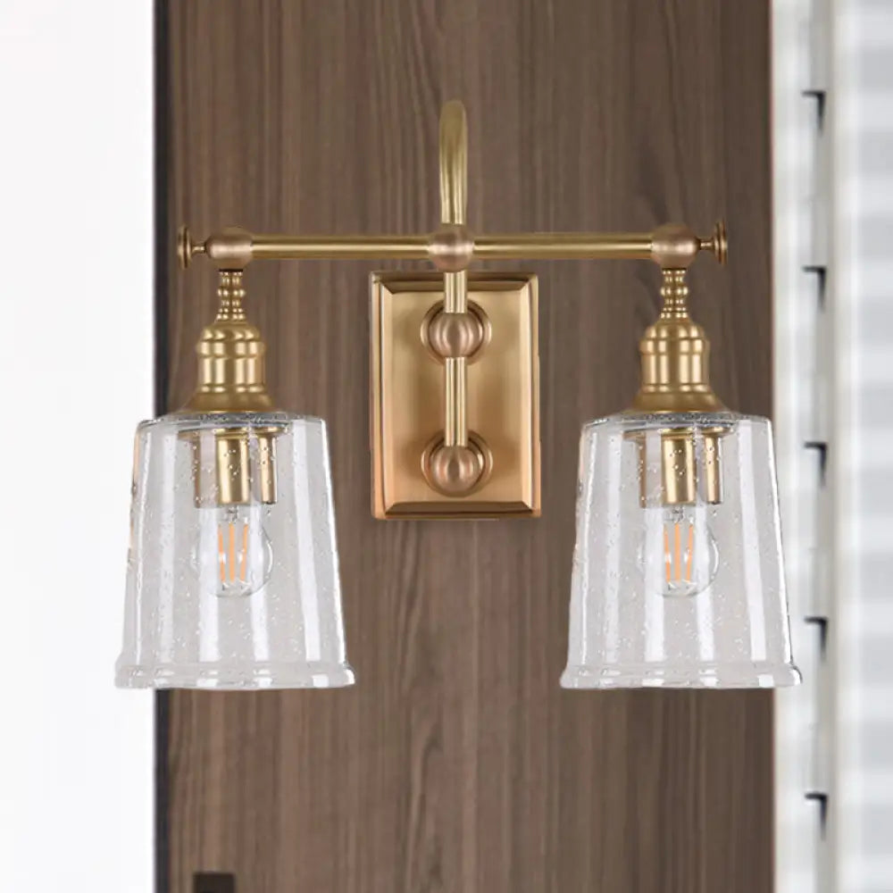 Gold Glass Bucket Vanity Lamp - Colonial 2-Head Bathroom Sconce Light In White/Clear Clear