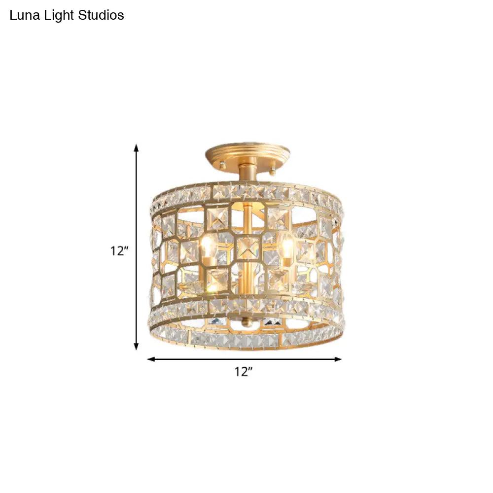 Gold Metal And Crystal Semi Flush Ceiling Light With 3/4/6 Lights Modern Drum Design In 3 Sizes
